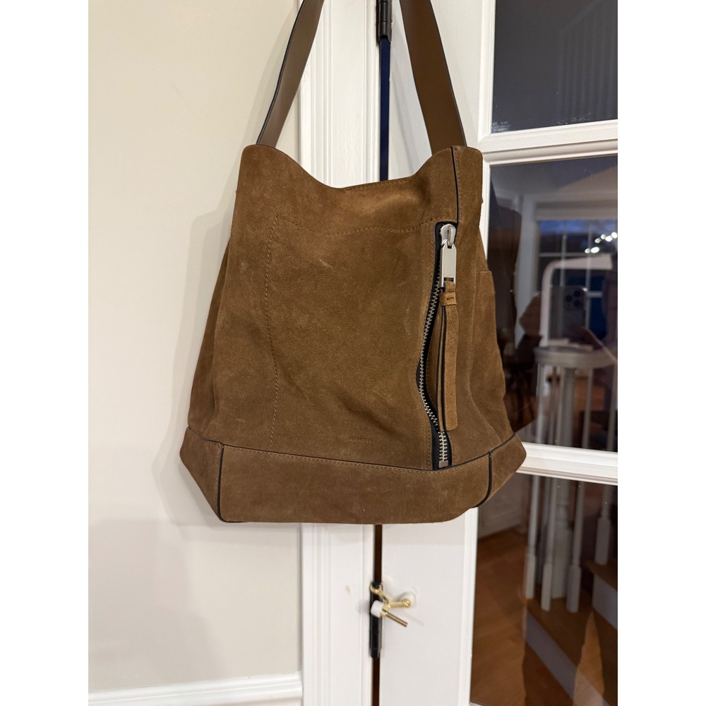 AllSaints Kita Brown Suede Shoulder Bag Hobo Tassel Zip Womens